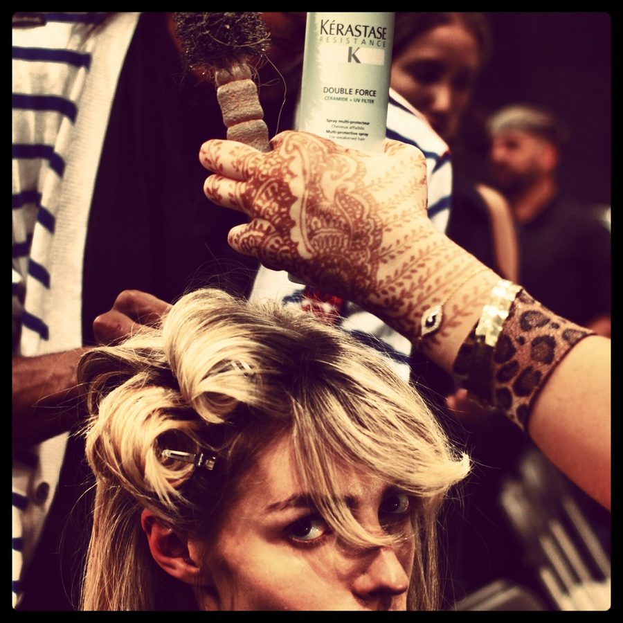 Backstage hair and makeup with Kérastase products — beauty brand photography